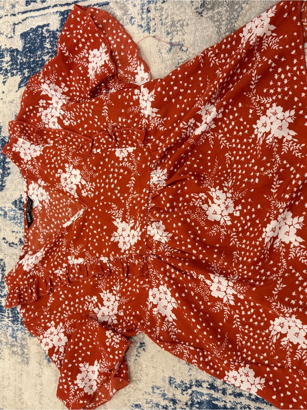SHEIN Rust Red Floral Ruffle Wrap Top